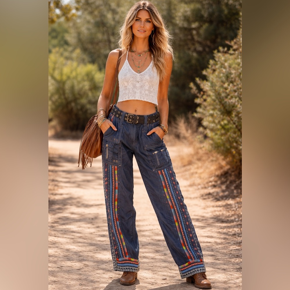 Johnny Was Jorgine Cupro Embroidered Cargo Pants-Size 4-Boho Utility P63819-4